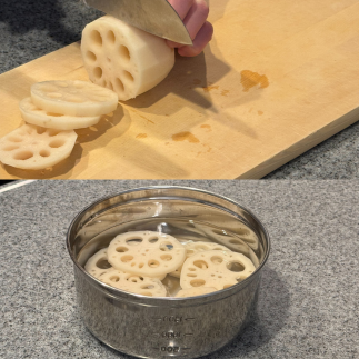 れんこんを切って酢水につける