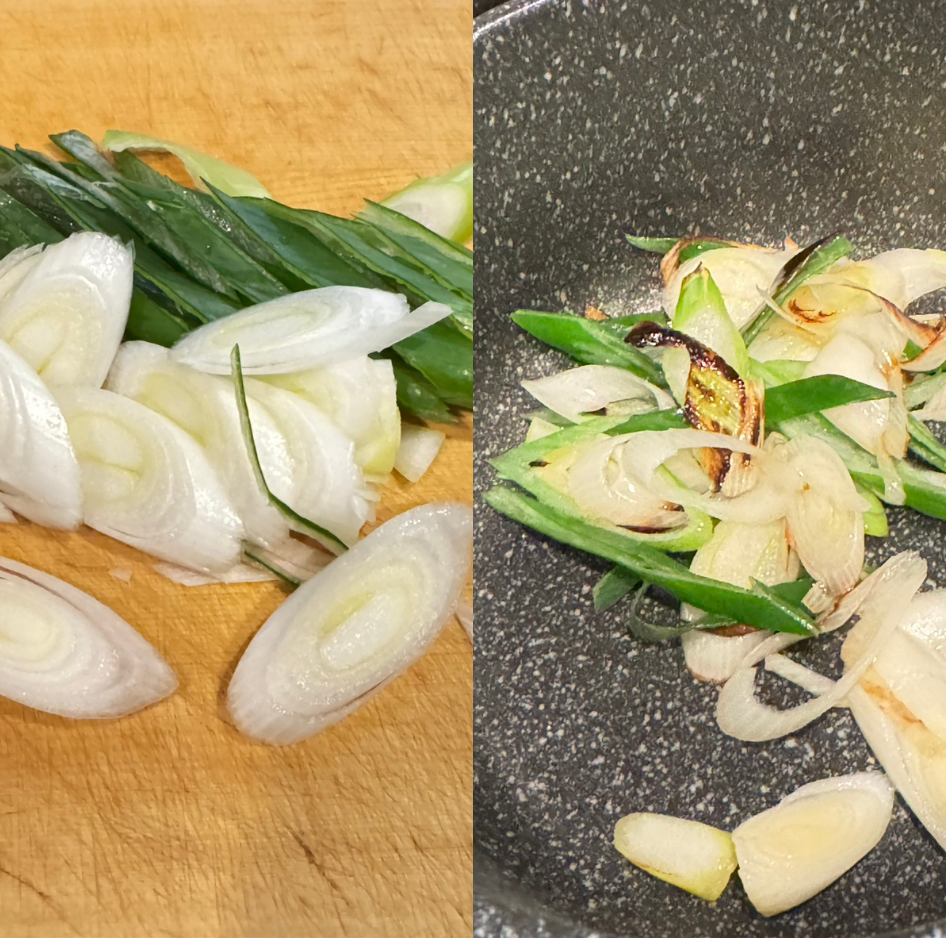 長ねぎを切って炒める